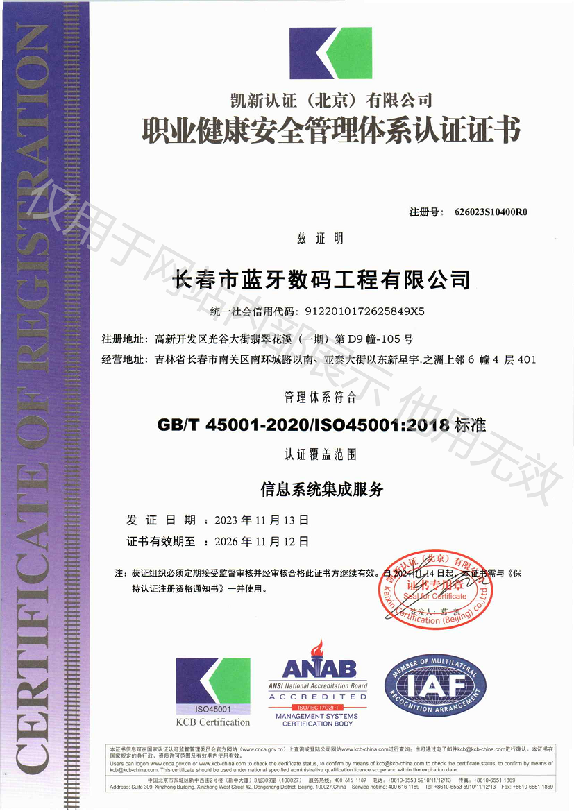 職業(yè)健康安全管理體系認(rèn)證證書(shū)